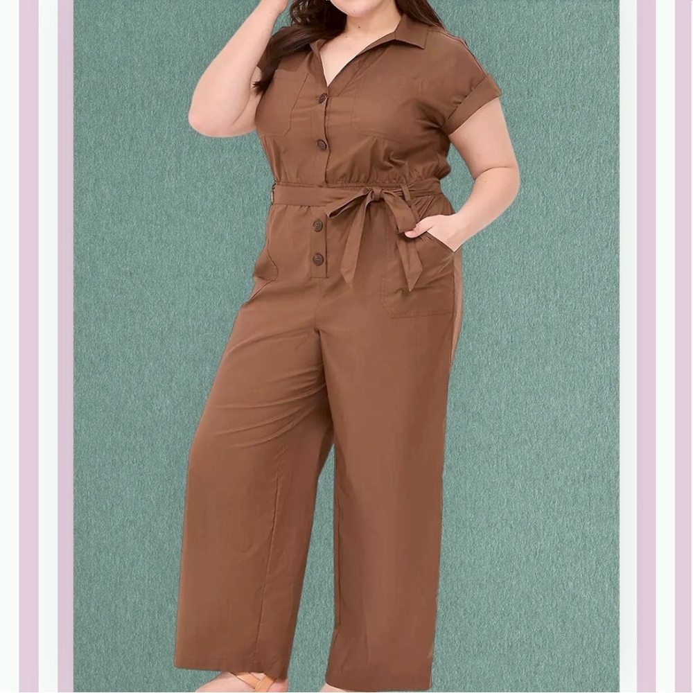 Lane Bryant Brown Button-Front Utility Jumpsuit